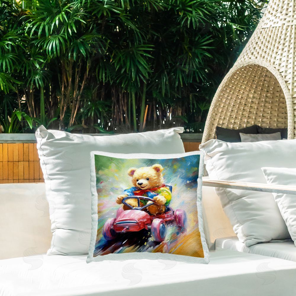 Ray Powers Bear Driving Go Kart Outdoor Quick-Dry Polyester Printed Throw Pillow in Back Yard