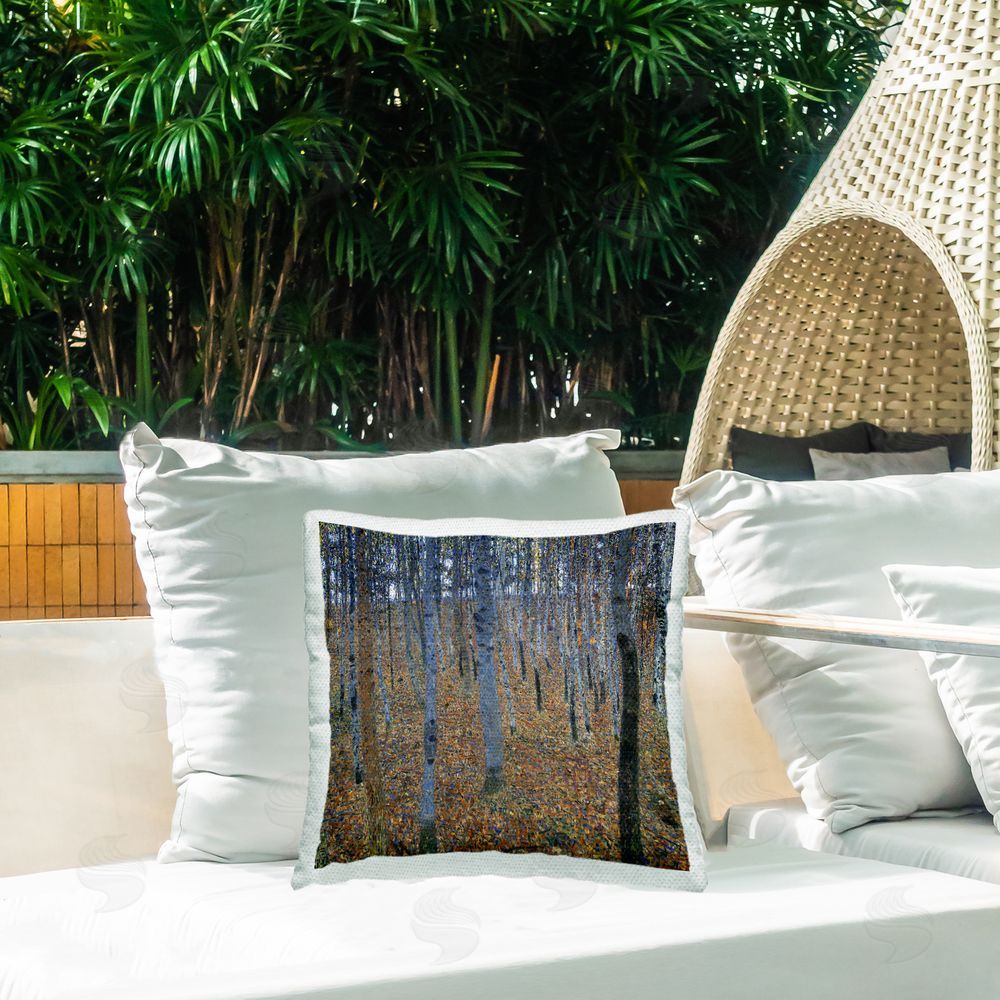 Gustav Klimt Abstract Birch Grove Outdoor Quick-Dry Polyester Printed Throw Pillow in Back Yard