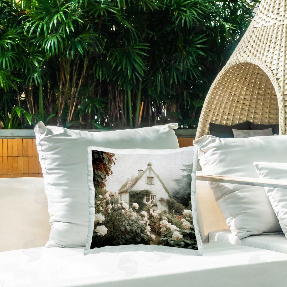 Lazar Studio Cottage in Foggy Garden Outdoor Quick-Dry Polyester Printed Throw Pillow in Back Yard