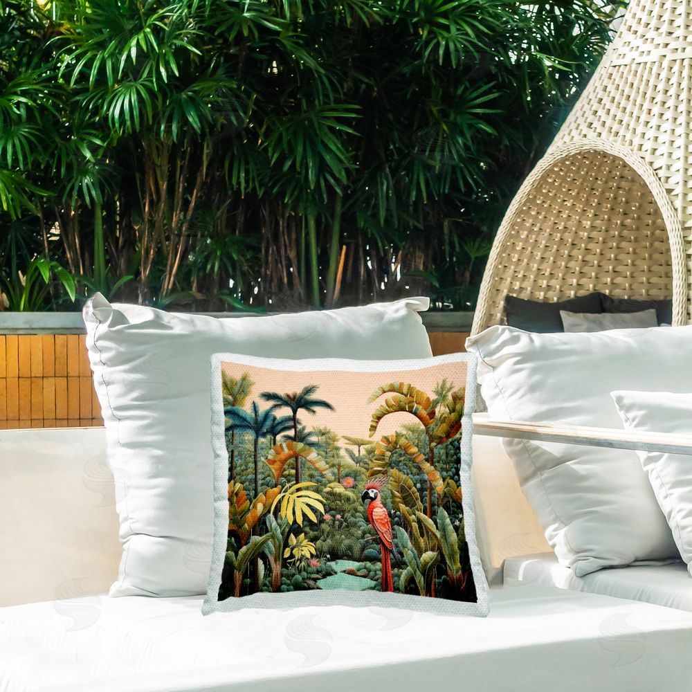 Lazar Studio Parrot in Rainforest Nature Outdoor Quick-Dry Polyester Printed Throw Pillow in Back Yard