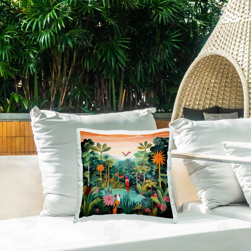 Lazar Studio Rainforest Wildlife Scene Outdoor Quick-Dry Polyester Printed Throw Pillow in Back Yard