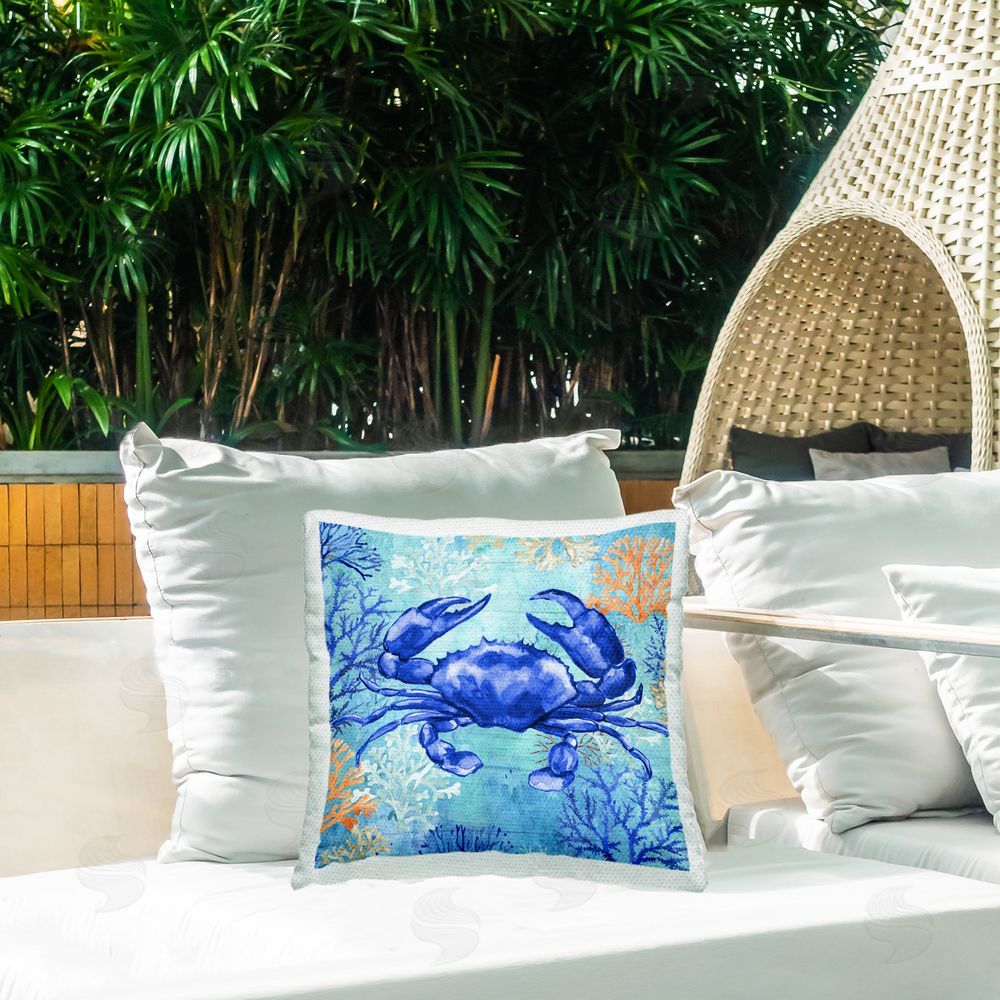 Elena Vladykina Blue Crab Coral Pattern Outdoor Quick-Dry Polyester Printed Throw Pillow in Back Yard
