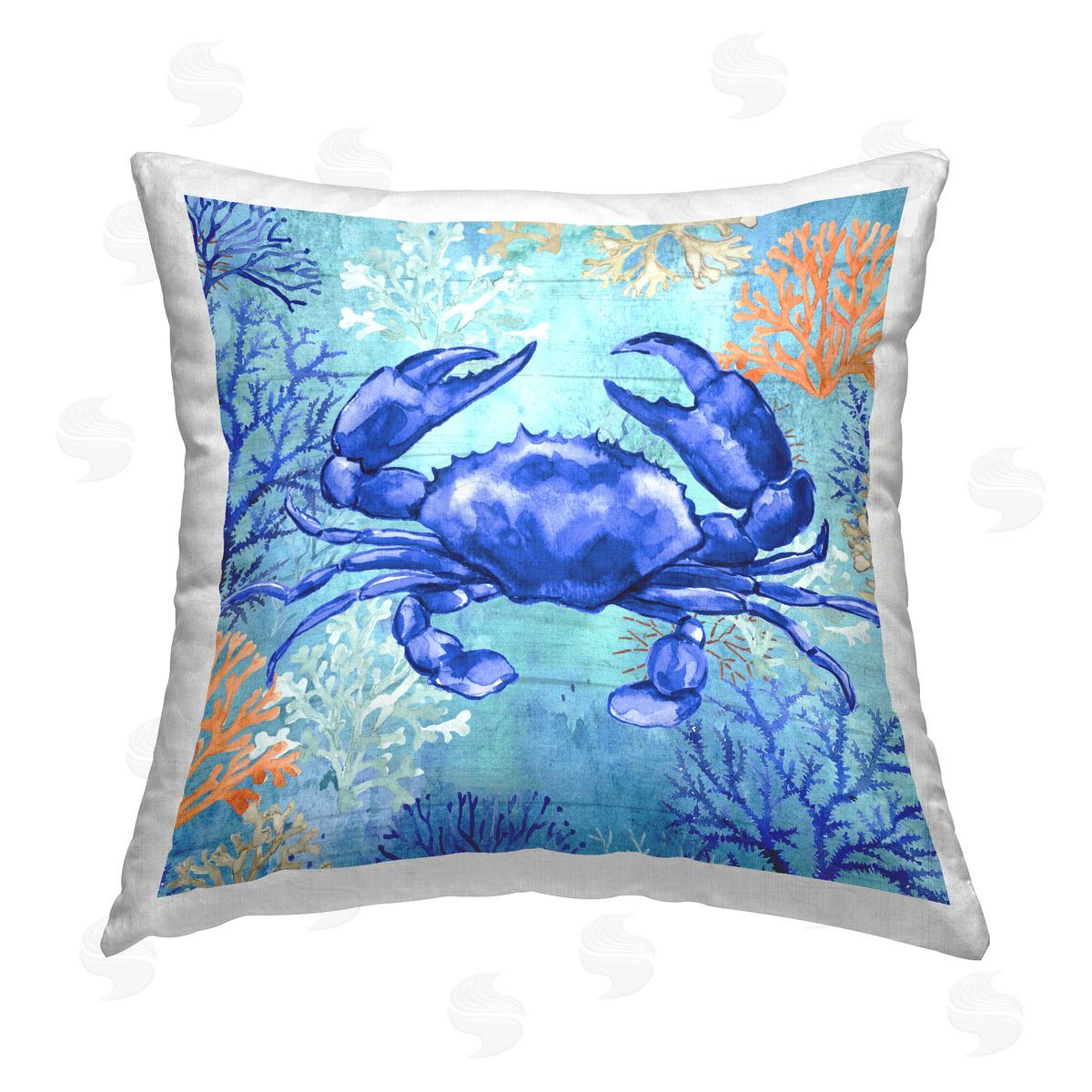 Elena Vladykina Blue Crab Coral Pattern Printed Plush Polyester Throw Pillow