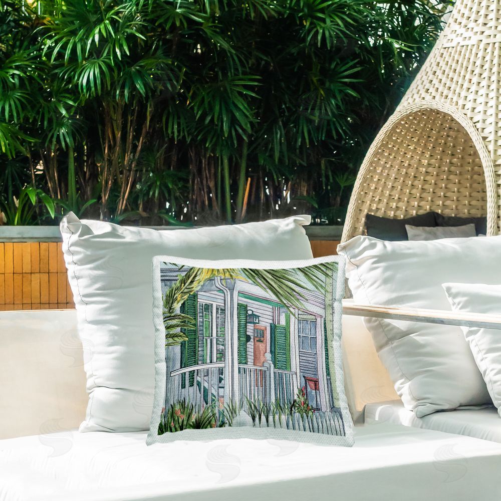 Melissa Wang Coastal Cottage Doorway Outdoor Quick-Dry Polyester Printed Throw Pillow in Back Yard