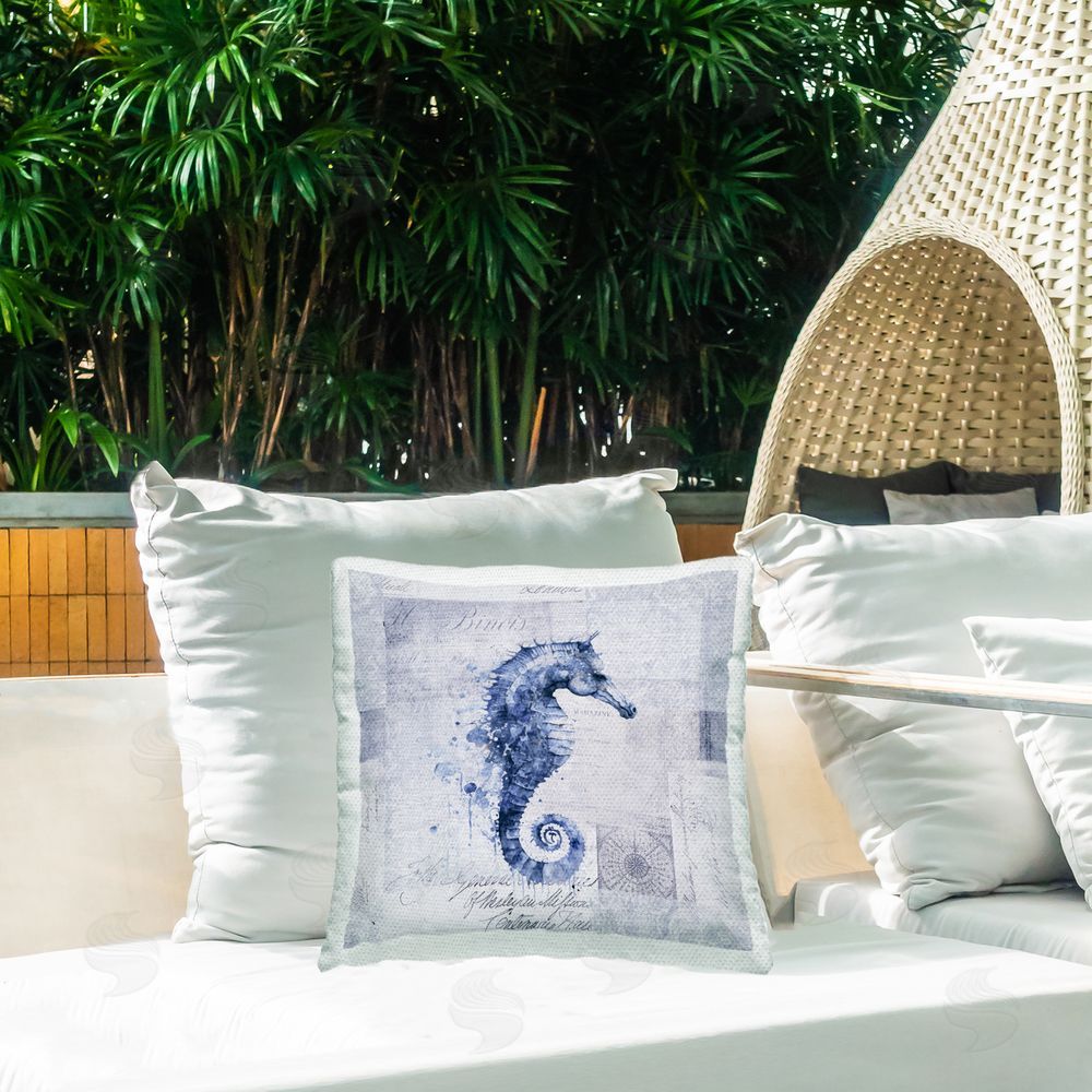 Andrea Haase Vintage Collaged Seahorse Outdoor Quick-Dry Polyester Printed Throw Pillow in Back Yard