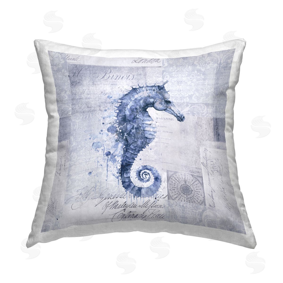 Andrea Haase Vintage Collaged Seahorse Printed Plush Polyester Throw Pillow