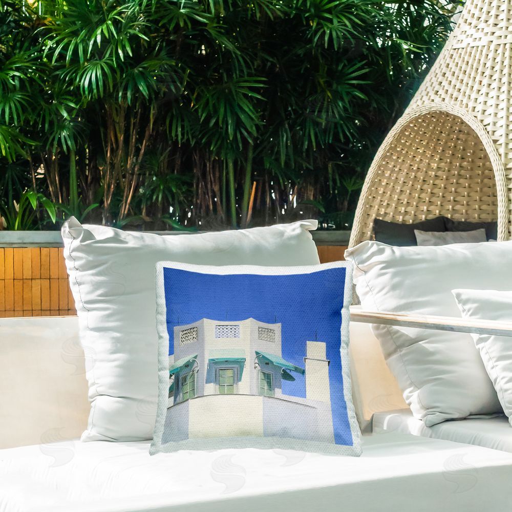 Jenny Westenhofer Coastal Town Architecture Outdoor Quick-Dry Polyester Printed Throw Pillow in Back Yard