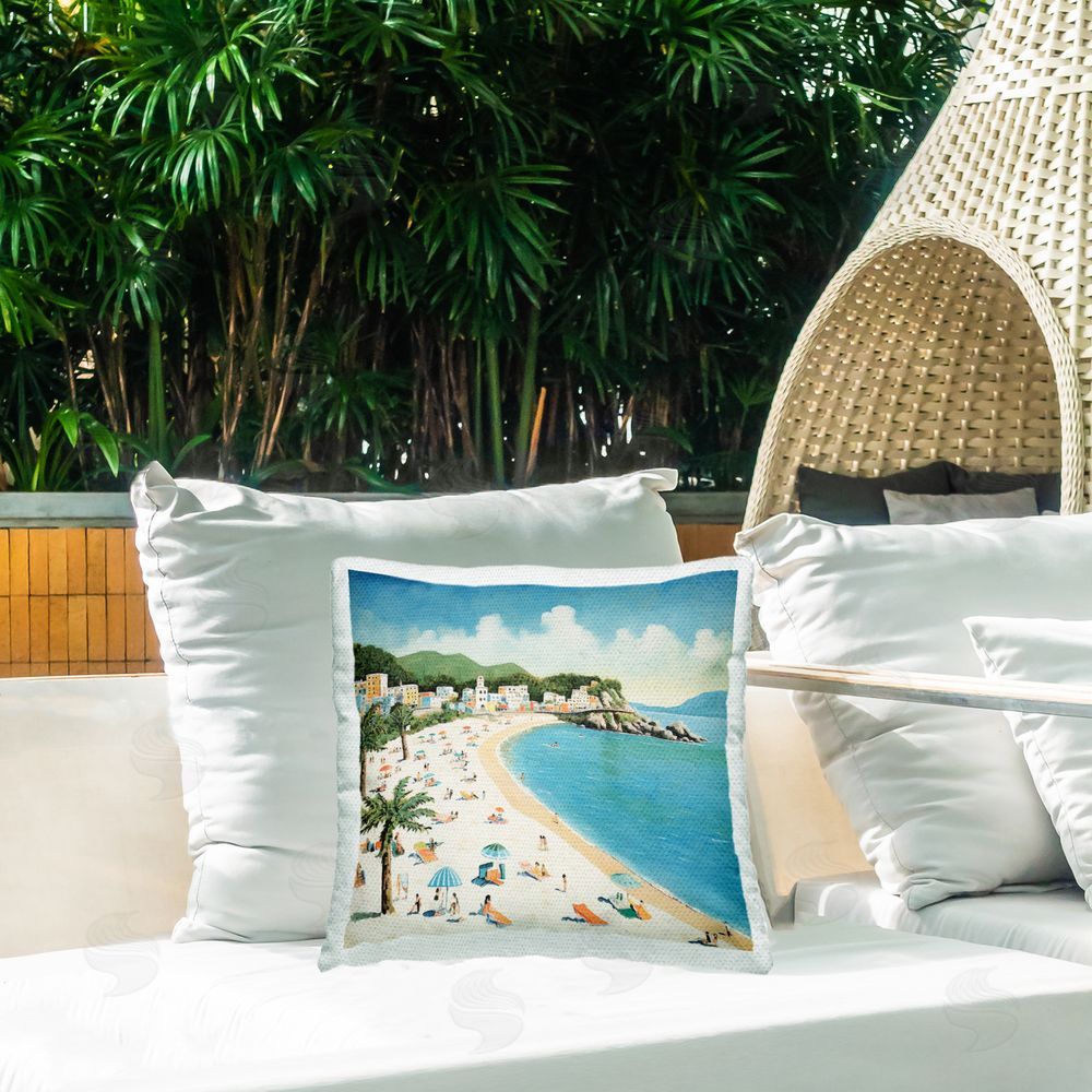Lazar Studio Beachgoers on Tropical Shore Outdoor Quick-Dry Polyester Printed Throw Pillow in Back Yard