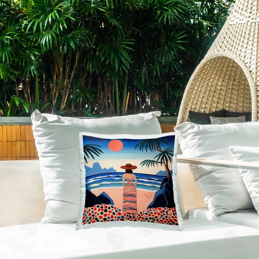 Lazar Studio Patterned Female on Beach Outdoor Quick-Dry Polyester Printed Throw Pillow in Back Yard