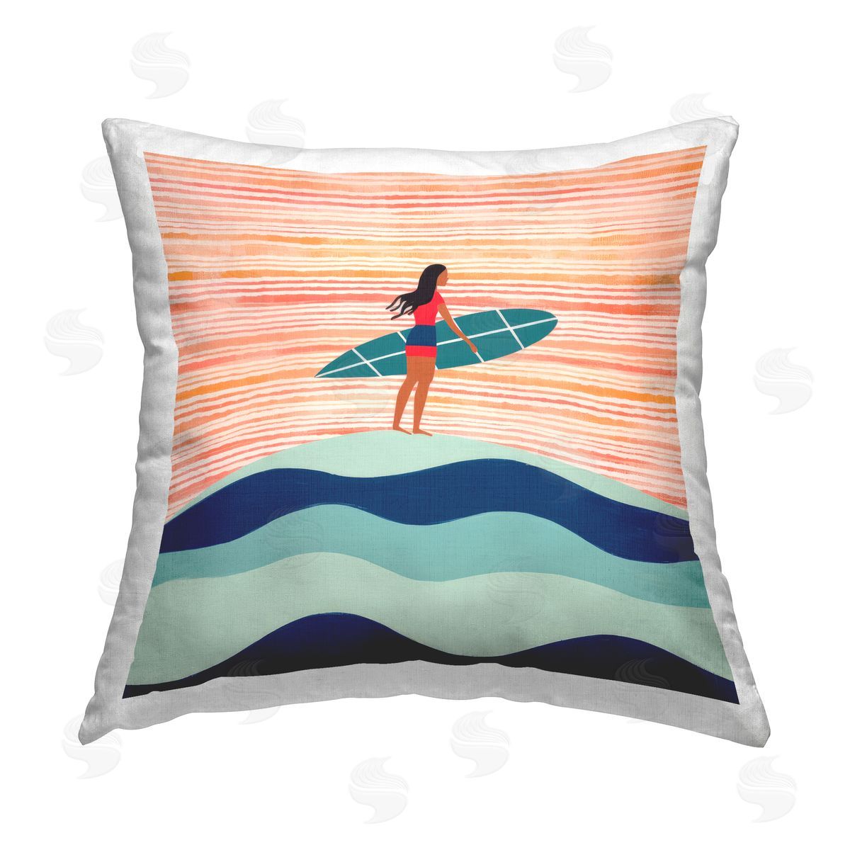 Lazar Studio Female Surfer Patterned Printed Plush Polyester Throw Pillow