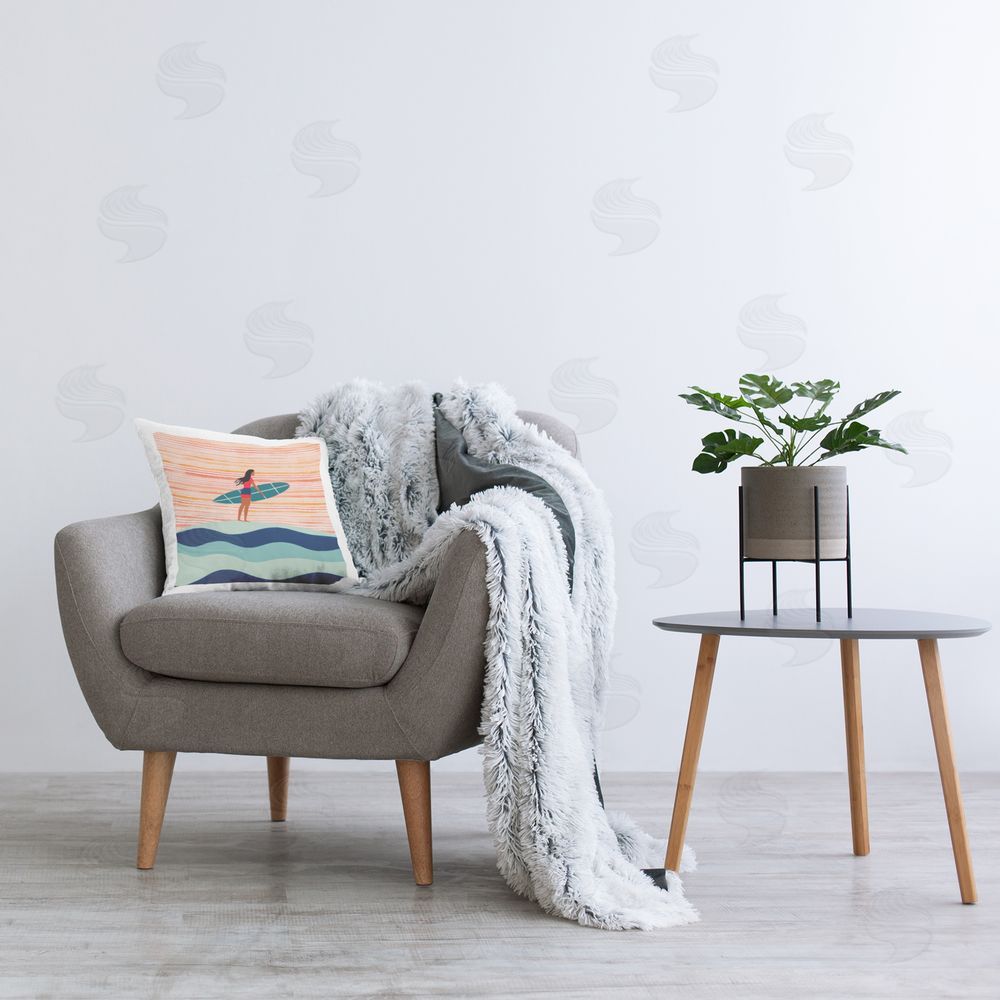 Lazar Studio Female Surfer Patterned Printed Plush Polyester Throw Pillow On Chair