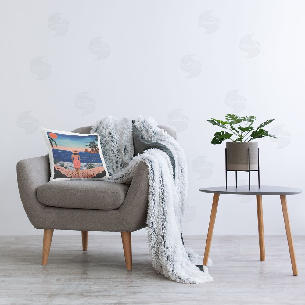 Lazar Studio Patterned Girl at Beach Printed Plush Polyester Throw Pillow On Chair