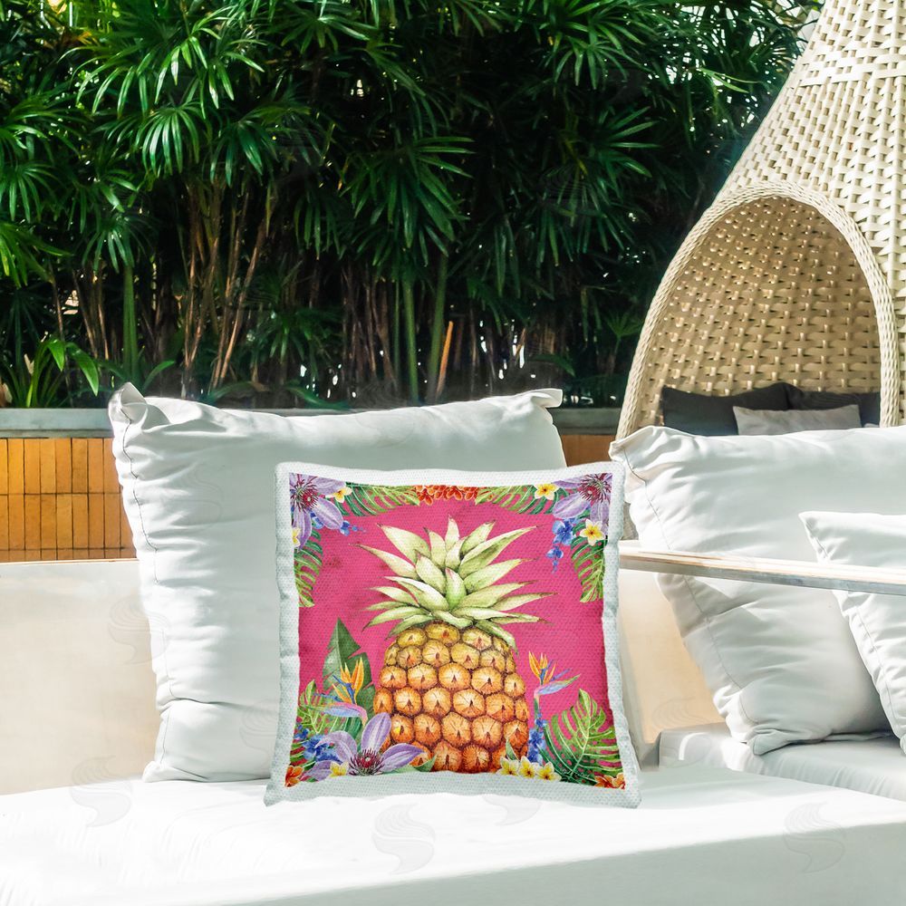 ND Art Tropical Florals & Pineapple Outdoor Quick-Dry Polyester Printed Throw Pillow in Back Yard