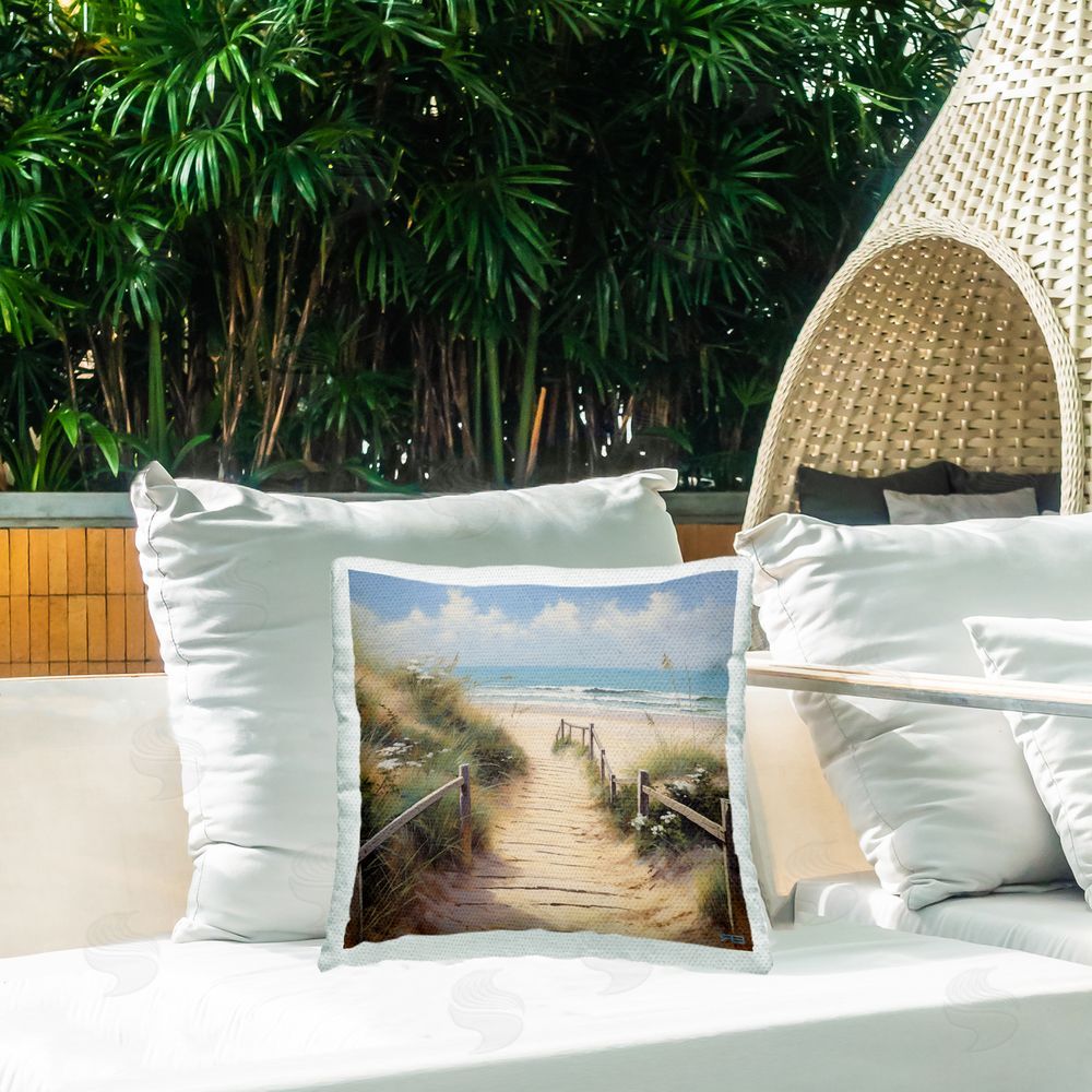 RB Nautical Sandy Boardwalk Outdoor Quick-Dry Polyester Printed Throw Pillow in Back Yard