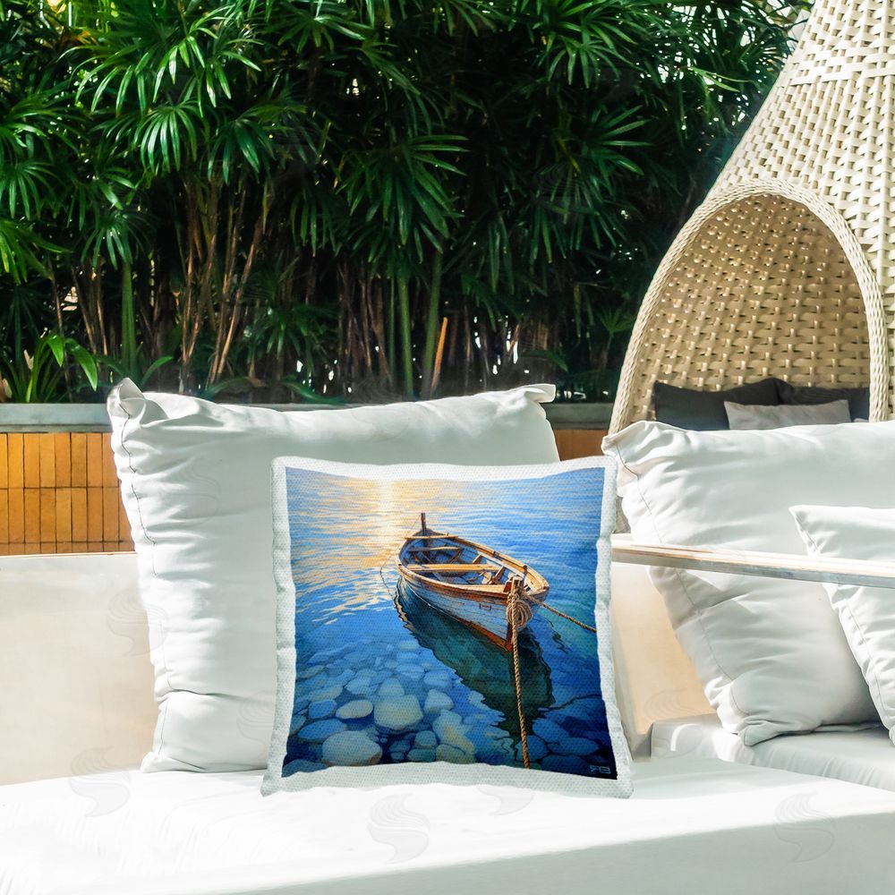 RB Docked Boat Over Rocks Outdoor Quick-Dry Polyester Printed Throw Pillow in Back Yard