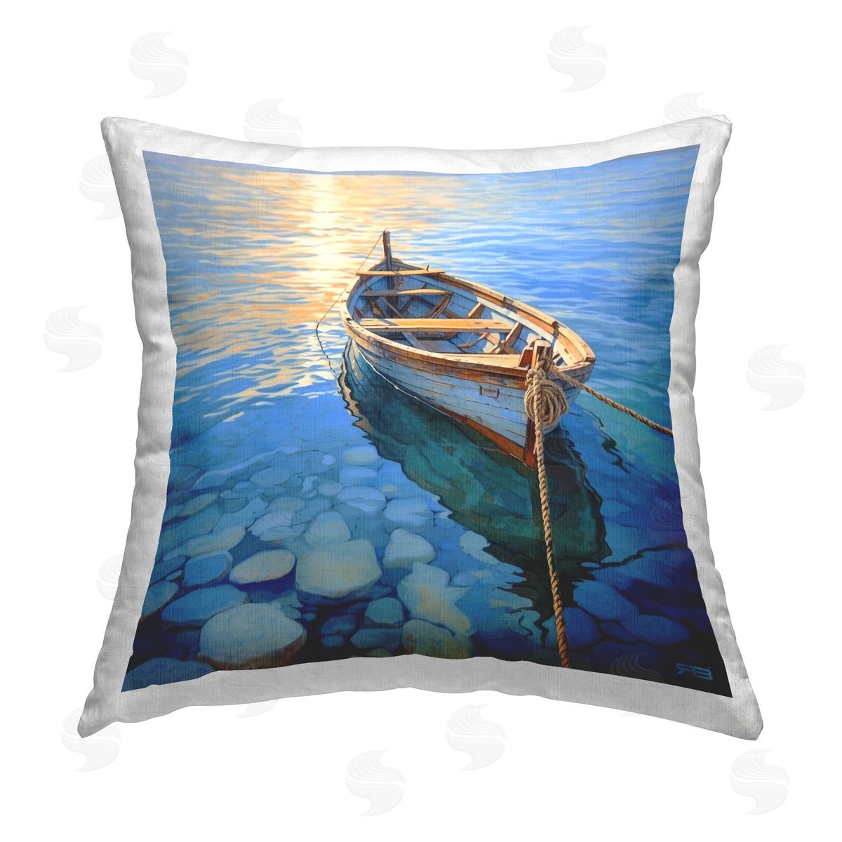 RB Docked Boat Over Rocks Printed Plush Polyester Throw Pillow