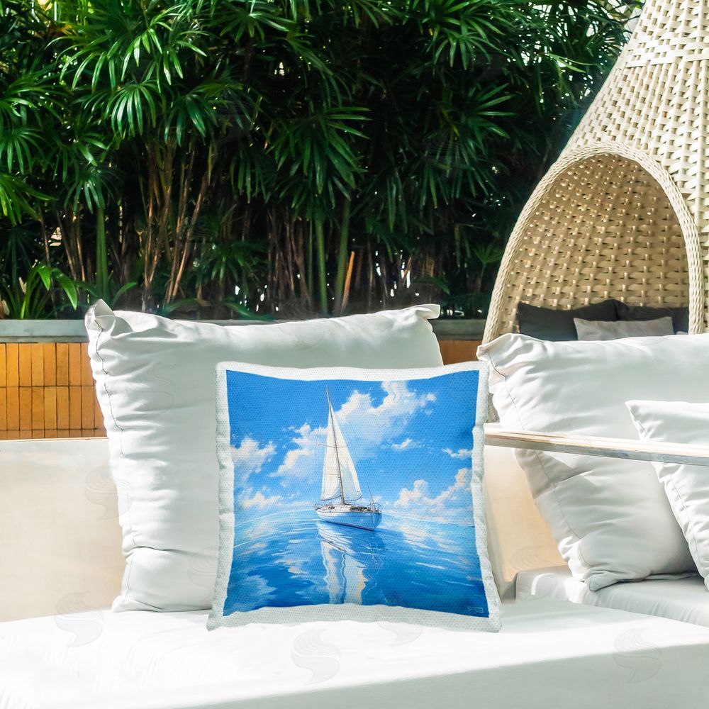RB Blue Cloudy Boat Seascape Outdoor Quick-Dry Polyester Printed Throw Pillow in Back Yard