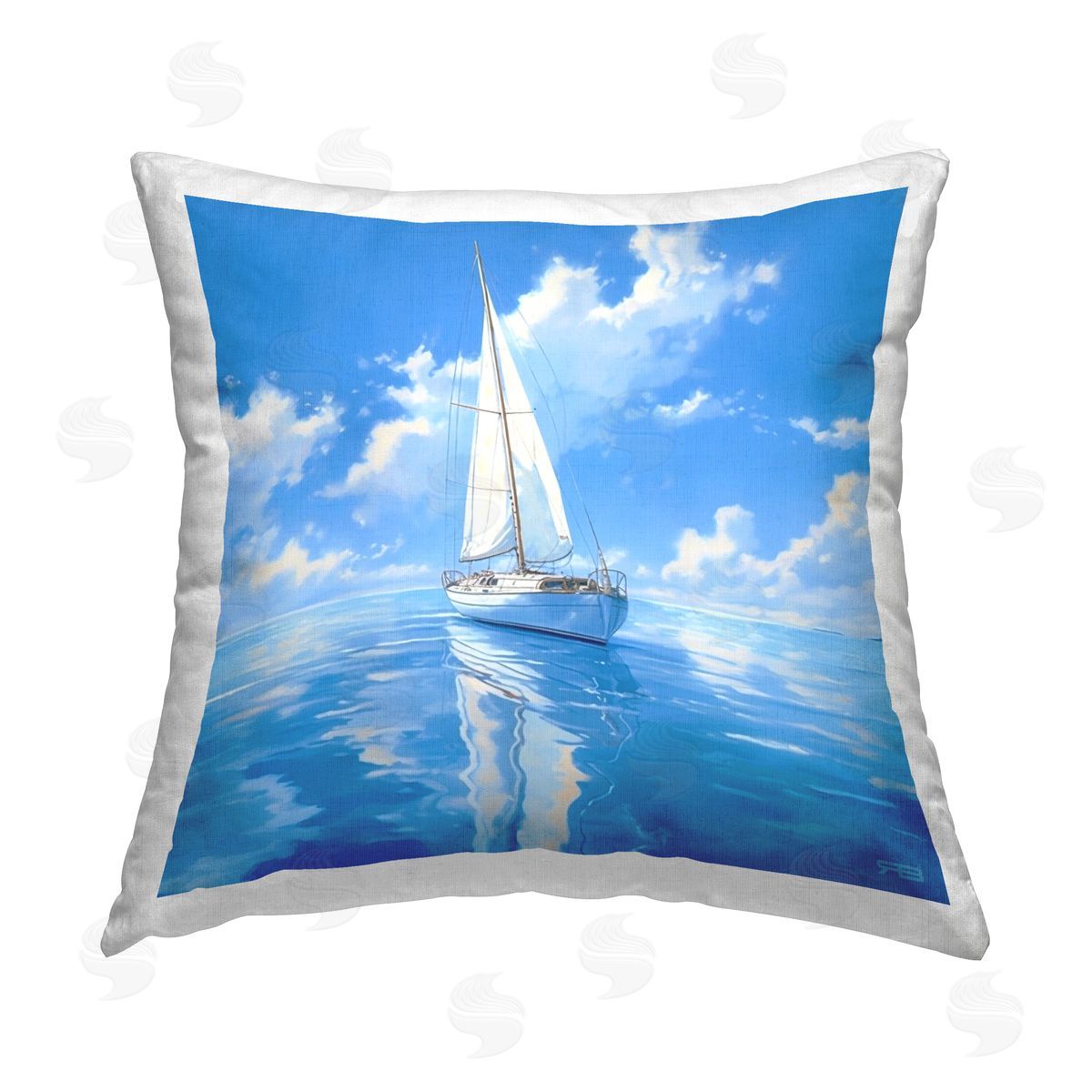 RB Blue Cloudy Boat Seascape Printed Plush Polyester Throw Pillow