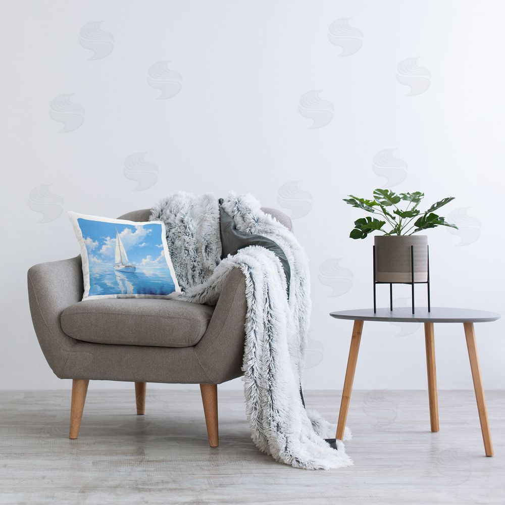 RB Blue Cloudy Boat Seascape Printed Plush Polyester Throw Pillow On Chair