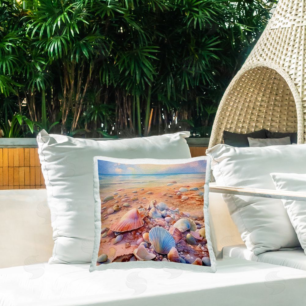 Ryley Gray Shells on Beach Shore Outdoor Quick-Dry Polyester Printed Throw Pillow in Back Yard