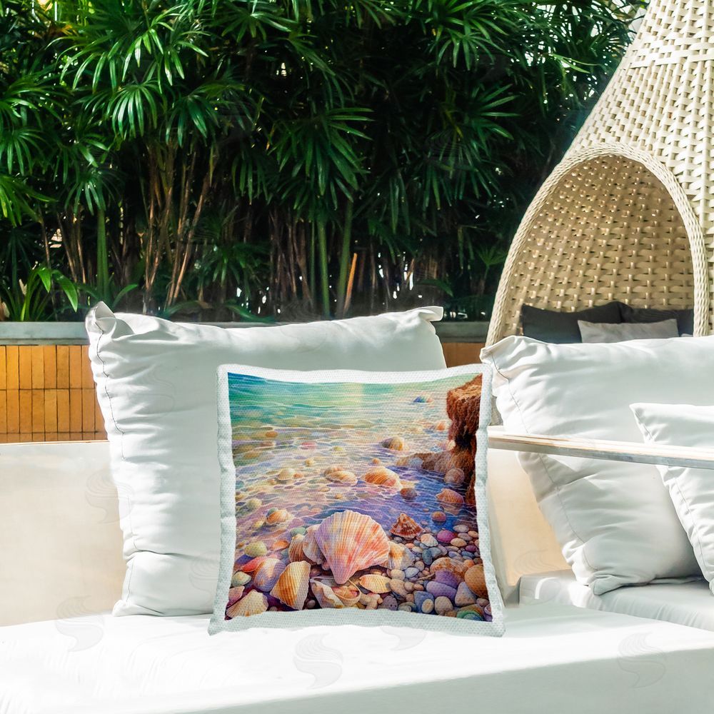 Ryley Gray Shells in Shallow Shore Outdoor Quick-Dry Polyester Printed Throw Pillow in Back Yard