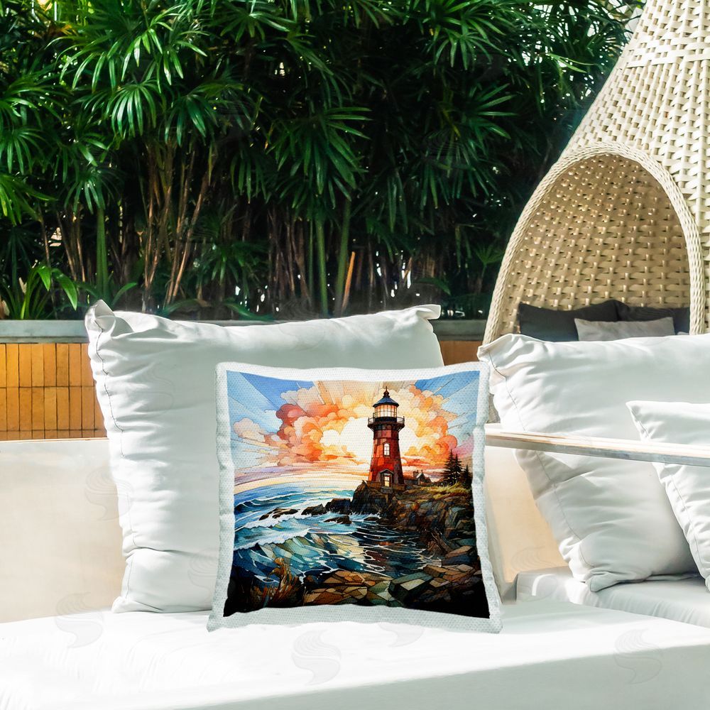 Ryley Gray Abstract Lighthouse on Cliff Outdoor Quick-Dry Polyester Printed Throw Pillow in Back Yard
