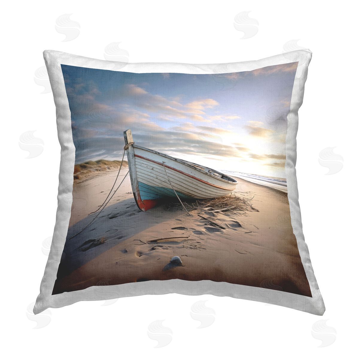 Ray Powers Boat on Beach Sand Printed Plush Polyester Throw Pillow
