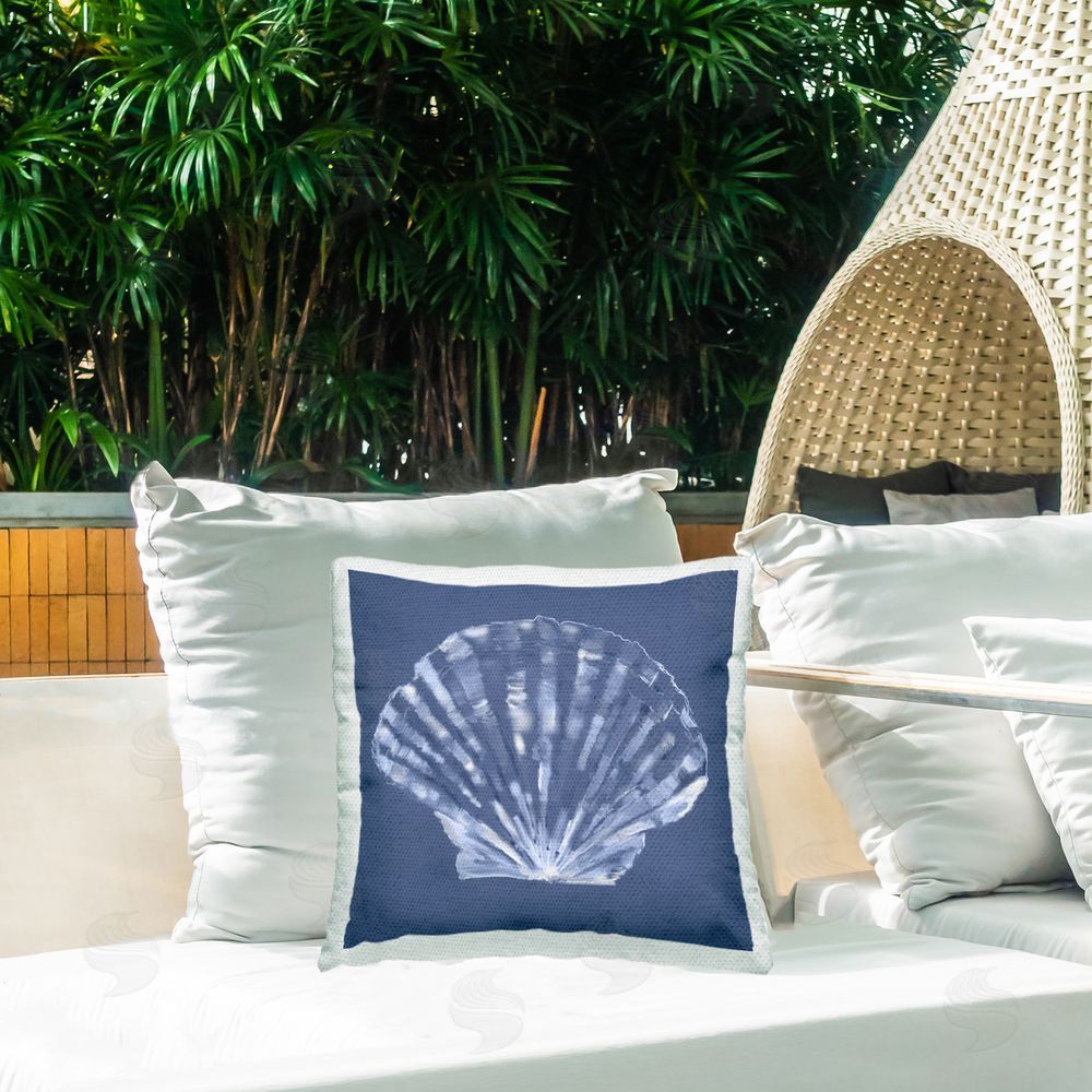 Julie DeRice Abstract Blue Clam Shell Outdoor Quick-Dry Polyester Printed Throw Pillow in Back Yard