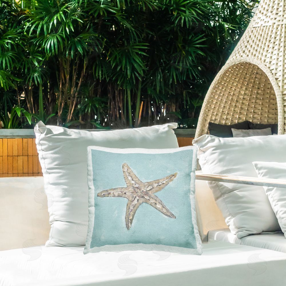Julie DeRice Abstract Starfish on Blue Outdoor Quick-Dry Polyester Printed Throw Pillow in Back Yard