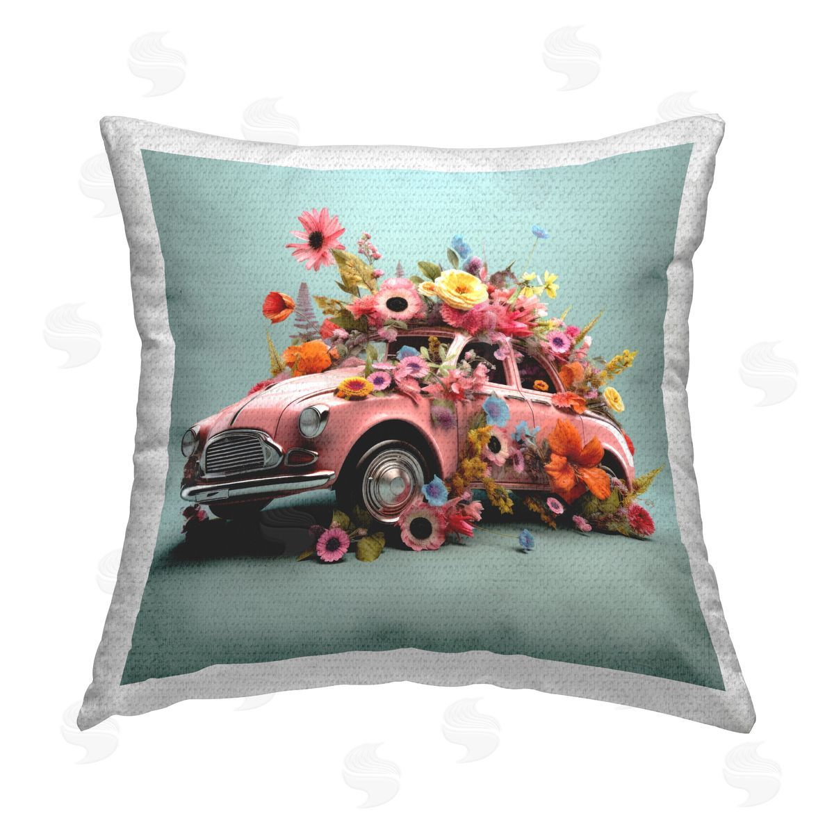 Lazar Studio Antique Car with Blossoms Outdoor Quick-Dry Polyester Printed Throw Pillow