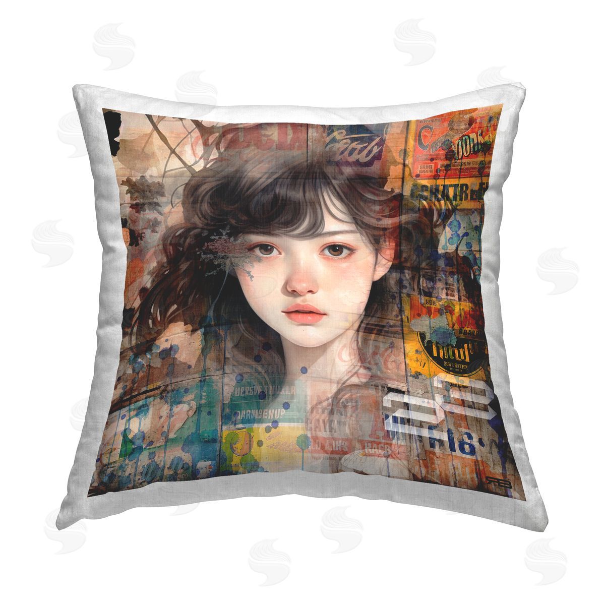 RB Vintage Urban Pattern Portrait Printed Plush Polyester Throw Pillow