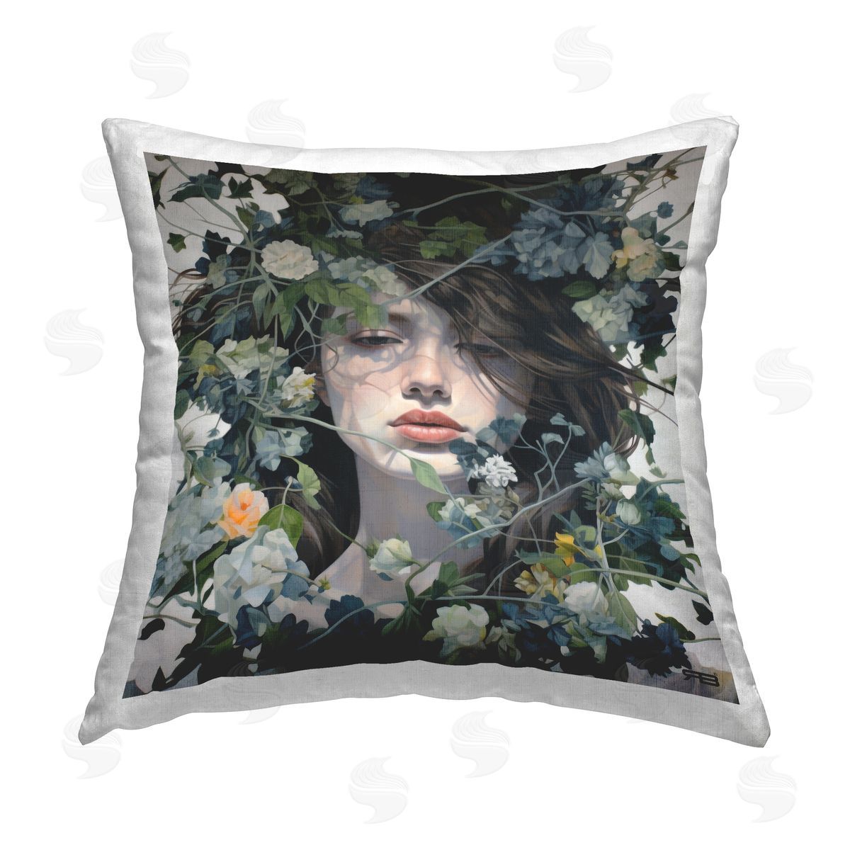 RB Woman with Floral Vines Printed Plush Polyester Throw Pillow