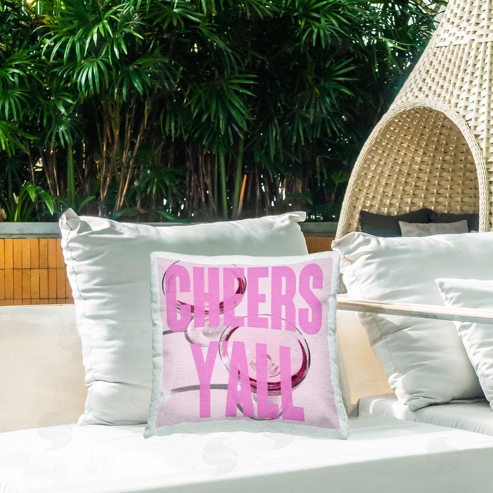 House of Lulu Cheers Y'all Pink Glam Outdoor Quick-Dry Polyester Printed Throw Pillow in Back Yard