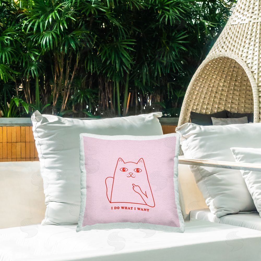 House of Lulu Pink What I Want Cat Outdoor Quick-Dry Polyester Printed Throw Pillow in Back Yard