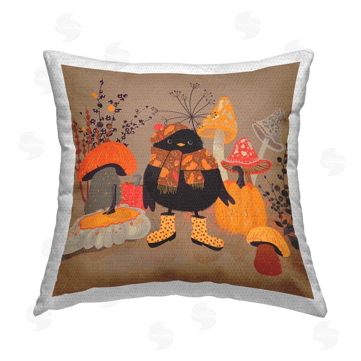 Verbrugge Watercolor Cozy Bird with Mushrooms Outdoor Quick-Dry Polyester Printed Throw Pillow