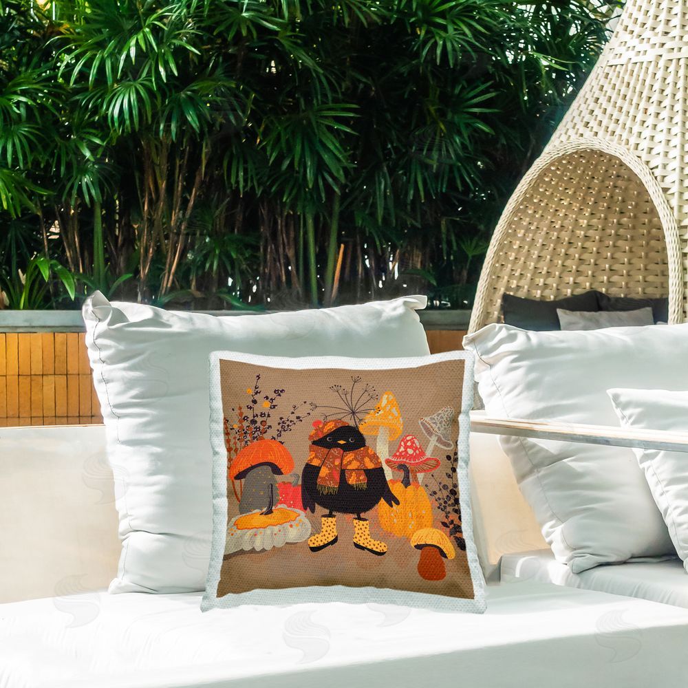 Verbrugge Watercolor Cozy Bird with Mushrooms Outdoor Quick-Dry Polyester Printed Throw Pillow in Back Yard