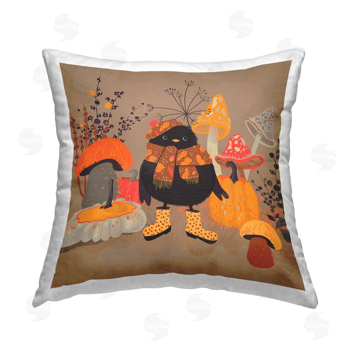 Verbrugge Watercolor Cozy Bird with Mushrooms Printed Plush Polyester Throw Pillow