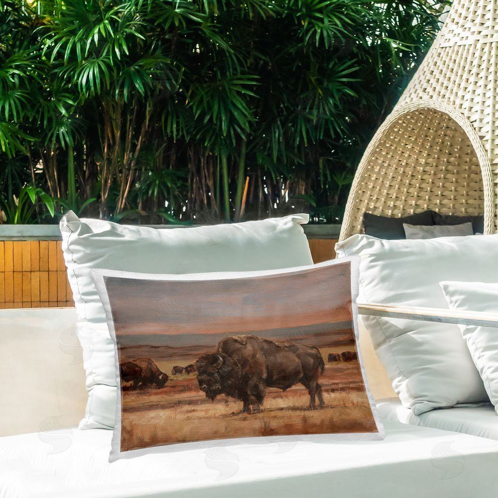 Jasper Huish Bison Herd in Countryside Outdoor Quick-Dry Polyester Printed Throw Pillow in Back Yard