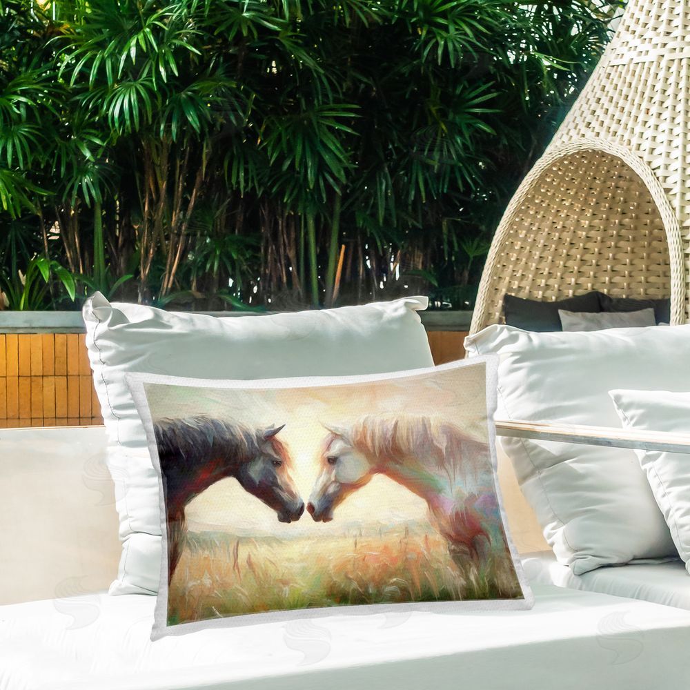 Ramona Murdock Soft Sunlit Horses Outdoor Quick-Dry Polyester Printed Throw Pillow in Back Yard