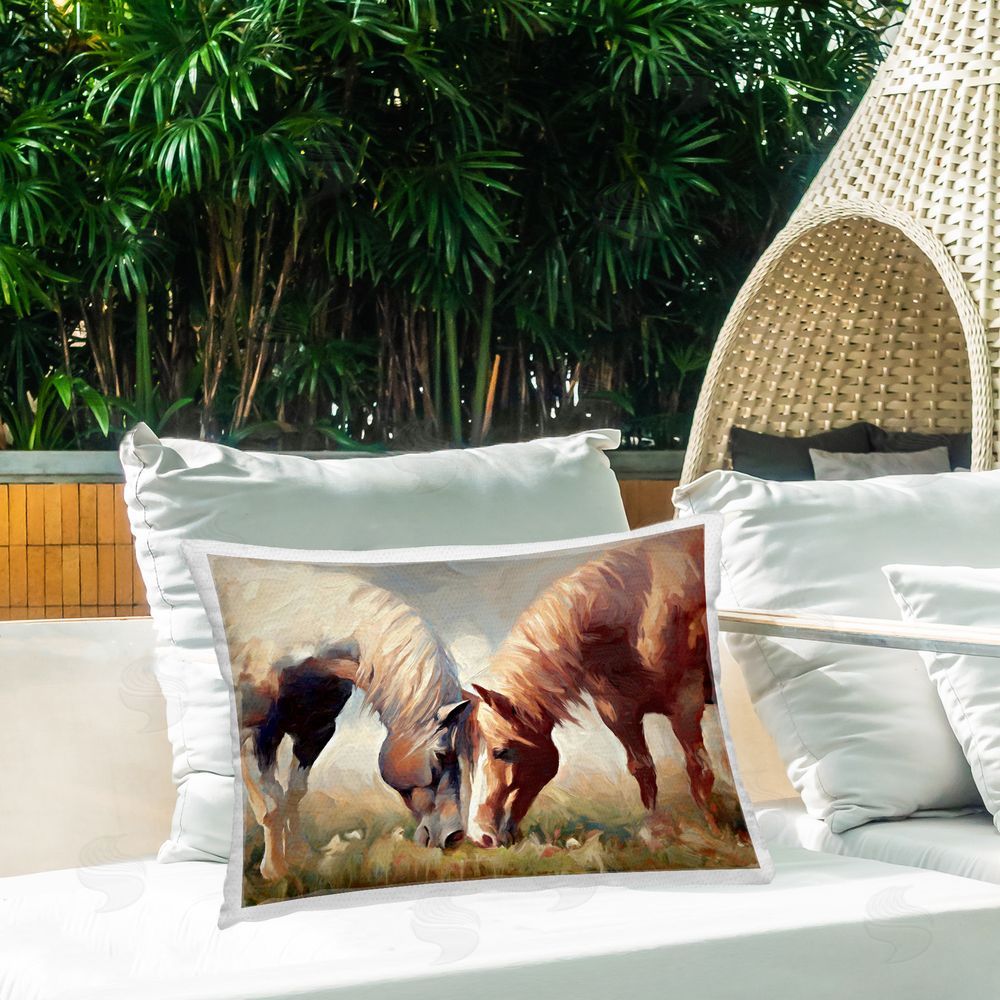 Ramona Murdock Horses Feeding Portrait Outdoor Quick-Dry Polyester Printed Throw Pillow in Back Yard