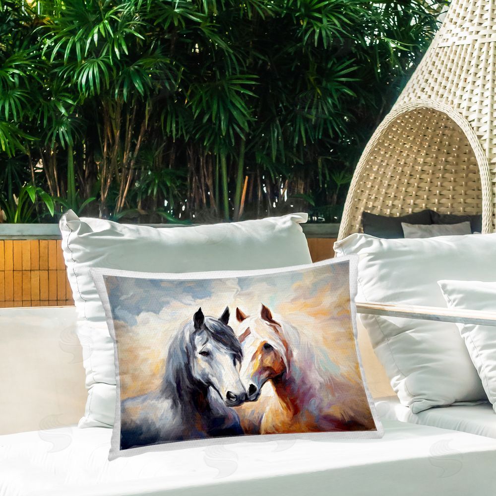 Ramona Murdock Stallions with Sun Rays Outdoor Quick-Dry Polyester Printed Throw Pillow in Back Yard