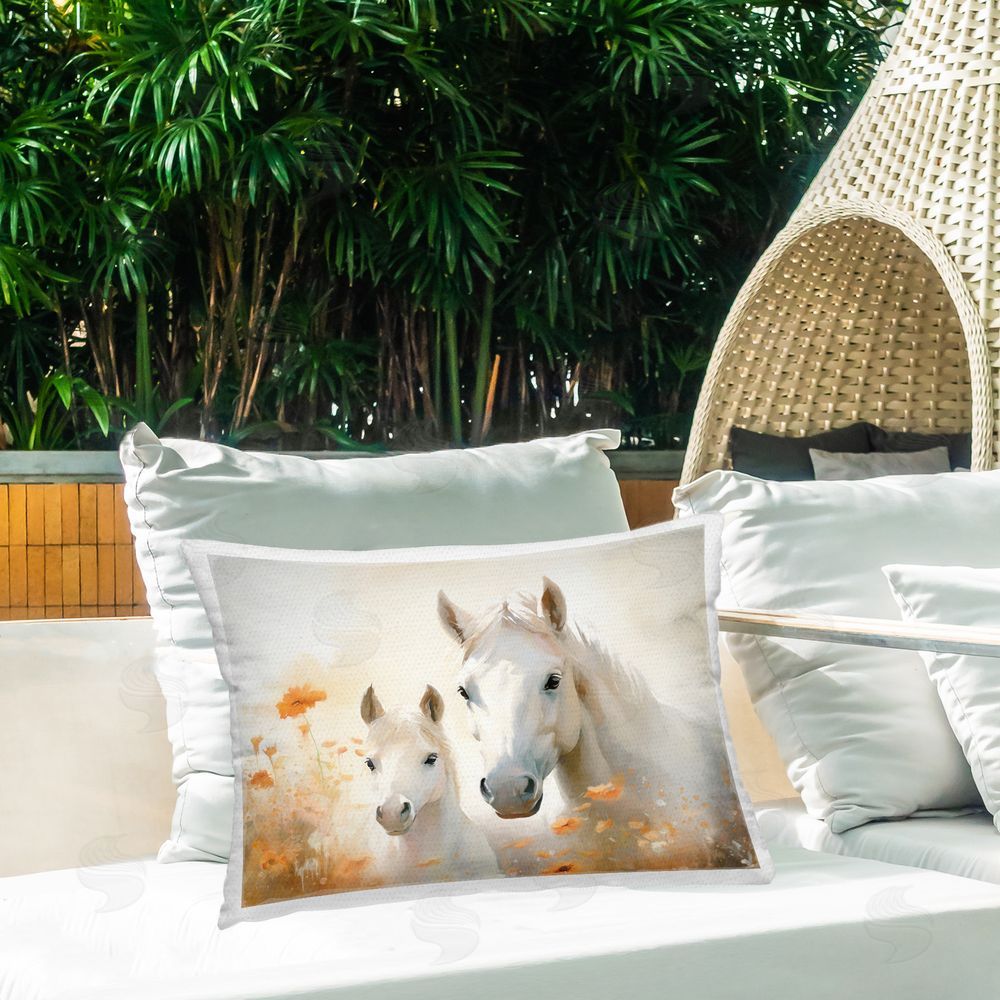 Ramona Murdock Floral Horse & Foal Outdoor Quick-Dry Polyester Printed Throw Pillow in Back Yard