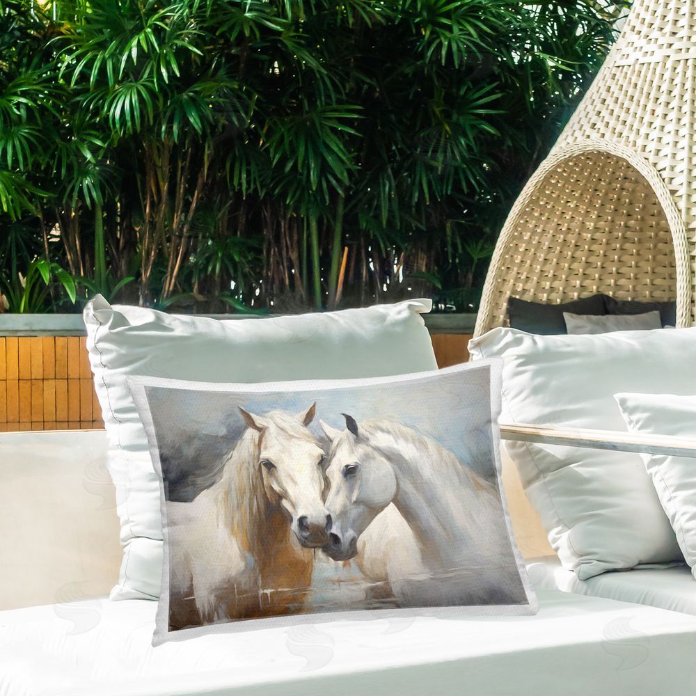 Ramona Murdock White Horses Abstraction Outdoor Quick-Dry Polyester Printed Throw Pillow in Back Yard