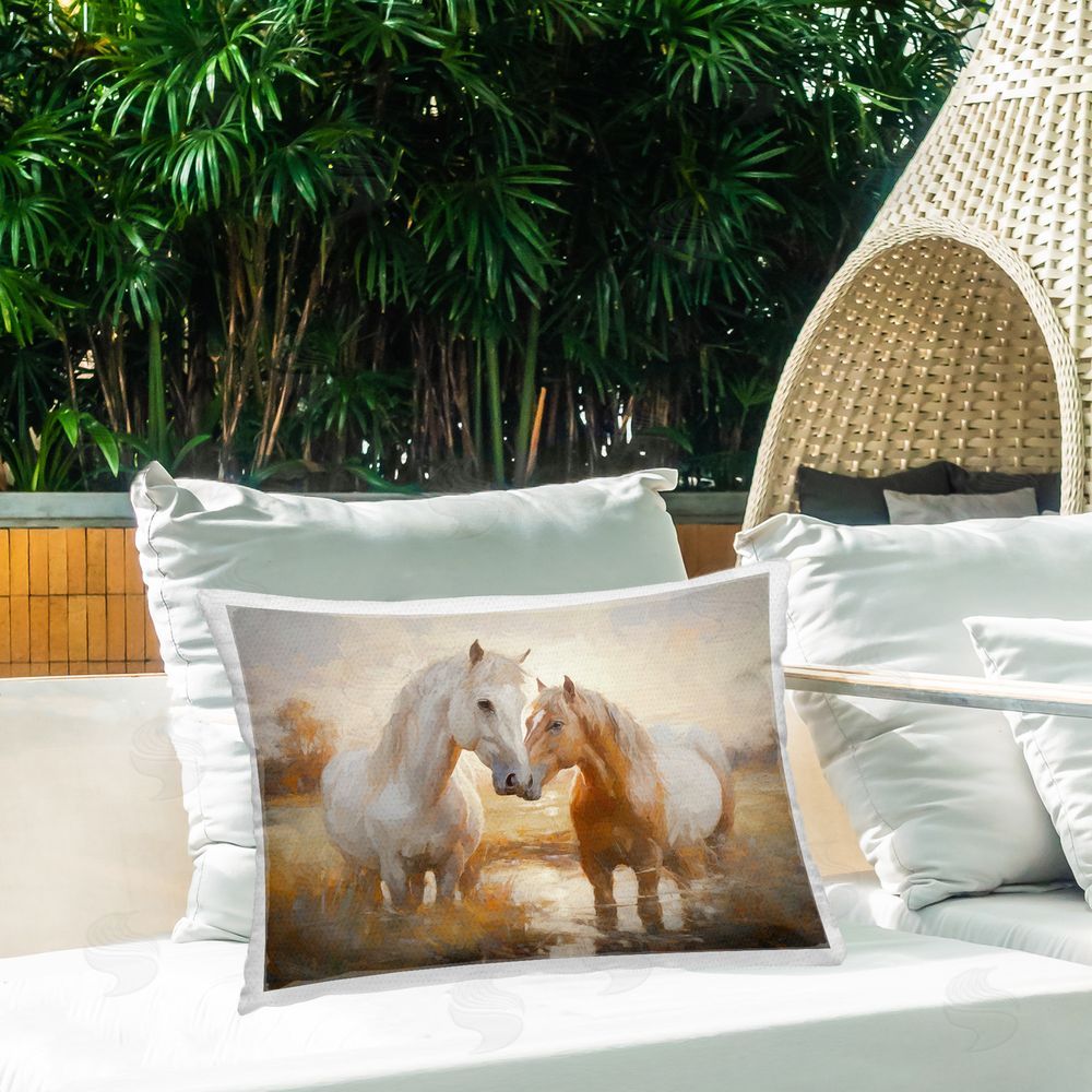 Ramona Murdock Horses in Rippling Water Outdoor Quick-Dry Polyester Printed Throw Pillow in Back Yard