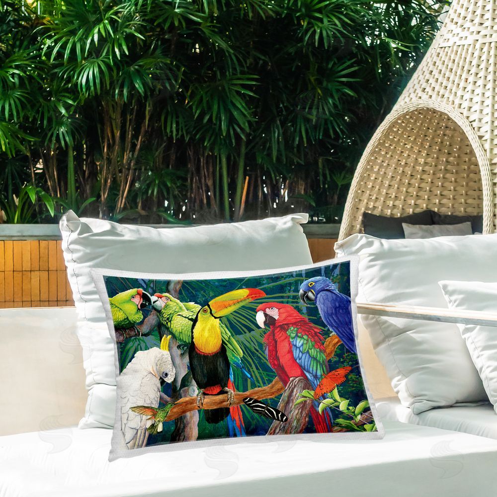 Christine Reichow Rainforest Birds Perched Outdoor Quick-Dry Polyester Printed Throw Pillow in Back Yard