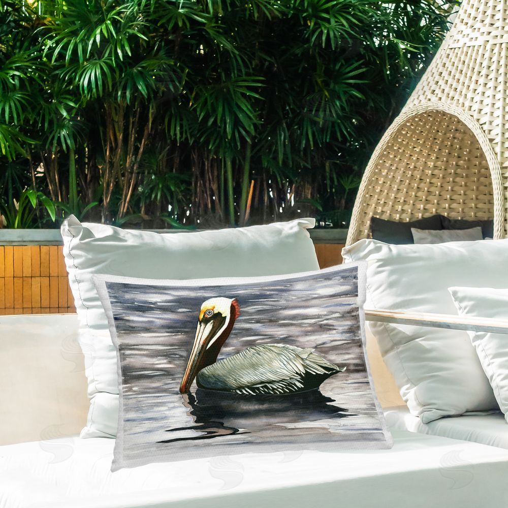 Christine Reichow Pelican Drifting on Lake Outdoor Quick-Dry Polyester Printed Throw Pillow in Back Yard