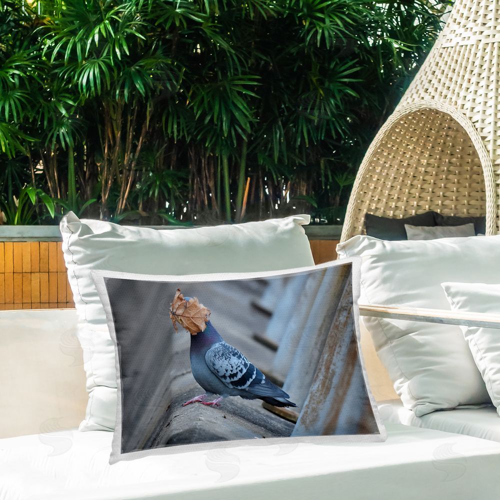 John Speirs Funny Pigeon & Leaf Outdoor Quick-Dry Polyester Printed Throw Pillow in Back Yard