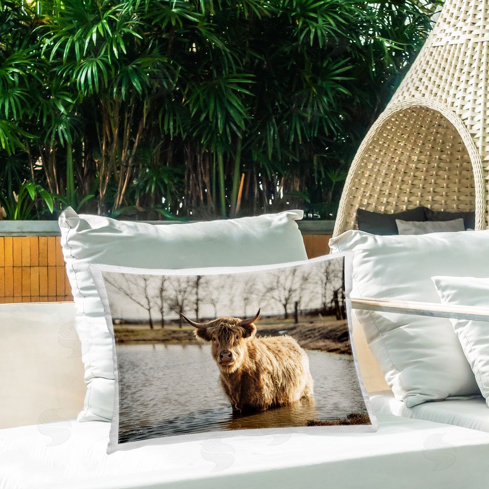 Dakota Diener Swimming Highland Cattle Outdoor Quick-Dry Polyester Printed Throw Pillow in Back Yard