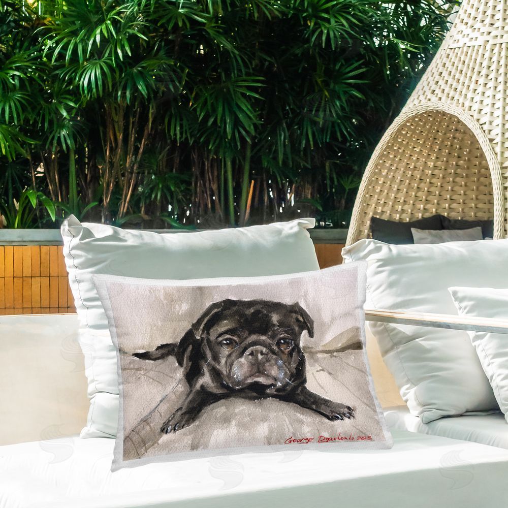George Dyachenko Cozy Black Pug Outdoor Quick-Dry Polyester Printed Throw Pillow in Back Yard