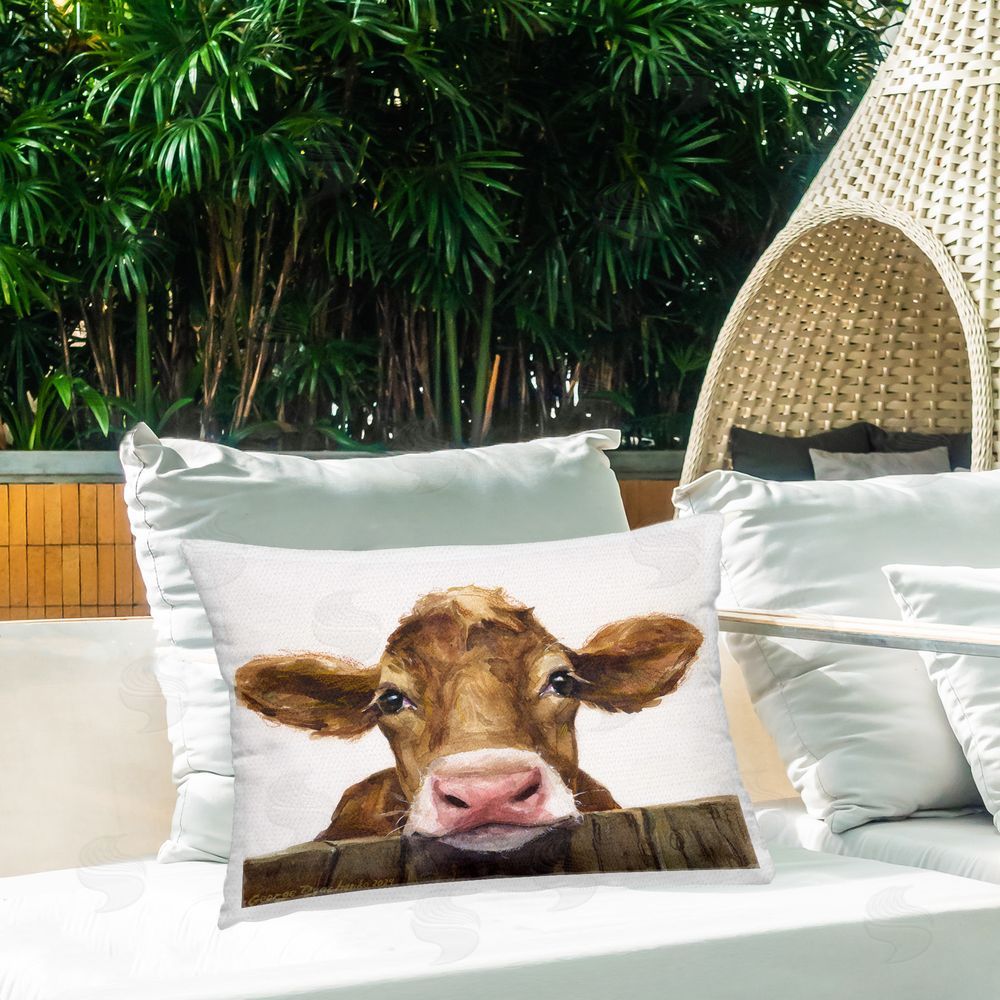George Dyachenko Serene Brown Cattle Outdoor Quick-Dry Polyester Printed Throw Pillow in Back Yard